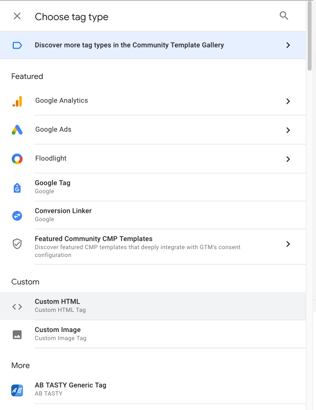 screenshot of Google Tag Manager 'choose tag type' option